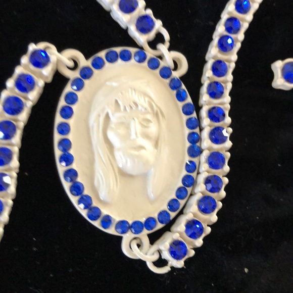 Blue white CZ rosary cross Jesus long necklace - Picture 5 of 6